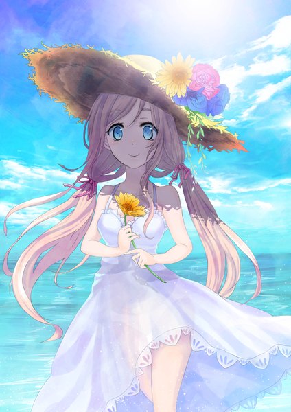 Anime picture 2480x3508 with original chieri single long hair tall image highres blue eyes blonde hair twintails bare shoulders sky cloud (clouds) girl flower (flowers) hat water sundress