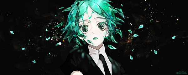 Anime-Bild 1019x411 mit houseki no kuni phosphophyllite ryoyell single looking at viewer short hair open mouth simple background wide image green eyes green hair black background close-up androgynous necktie debris