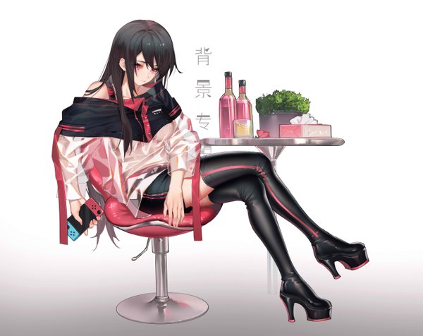 Anime picture 5622x4469 with original nintendo koi han single long hair looking at viewer fringe highres breasts black hair simple background hair between eyes sitting holding payot absurdres full body pink eyes fingernails off shoulder