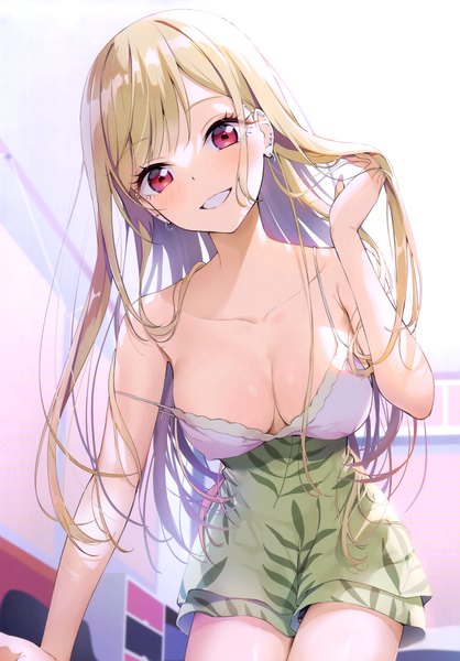 Anime picture 2097x3011 with sono bisque doll wa koi wo suru cloverworks kitagawa marin neki (wakiko) single long hair tall image looking at viewer blush fringe highres light erotic blonde hair payot cleavage indoors head tilt pink eyes arm support from below