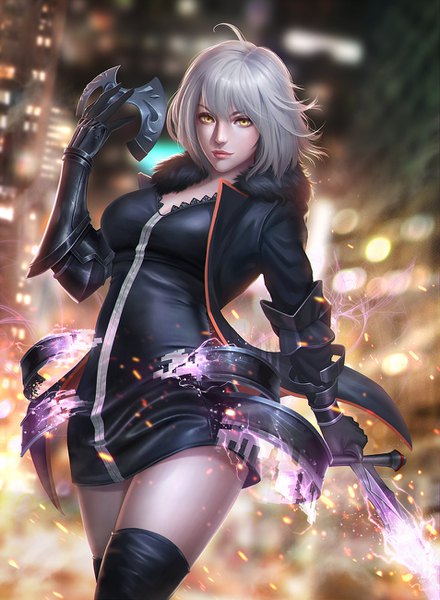 Anime picture 953x1300 with fate (series) fate/grand order jeanne d'arc (fate) (all) jeanne d'arc alter (fate) dark duck single tall image looking at viewer short hair holding yellow eyes silver hair ahoge realistic open jacket depth of field wicked dragon witch ver. shinjuku 1999 transformation girl thighhighs