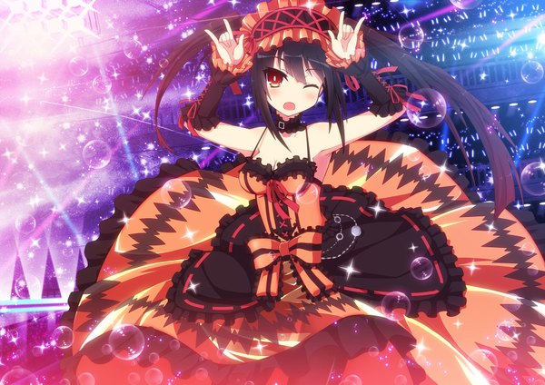 Anime picture 1800x1273 with date a live tokisaki kurumi uiu single long hair looking at viewer blush highres open mouth black hair red eyes one eye closed wink sparkle light lolita fashion uneven twintails girl dress ribbon (ribbons)