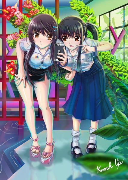 Anime picture 1297x1833 with original tan (knock up) long hair tall image black hair twintails multiple girls brown eyes girl skirt flower (flowers) 2 girls plant (plants) shirt iphone