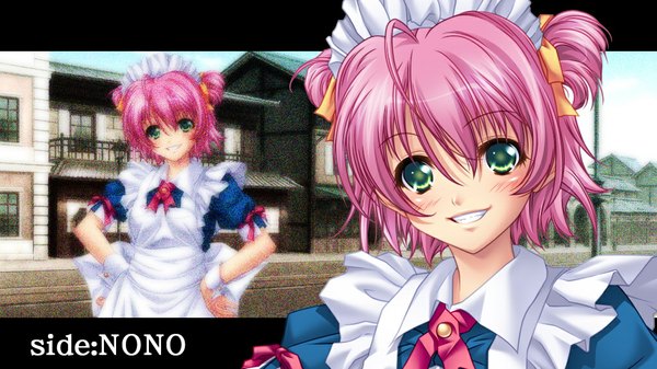Anime picture 1024x576 with eve to iu na no omocha komori nono short hair smile wide image green eyes pink hair game cg maid girl