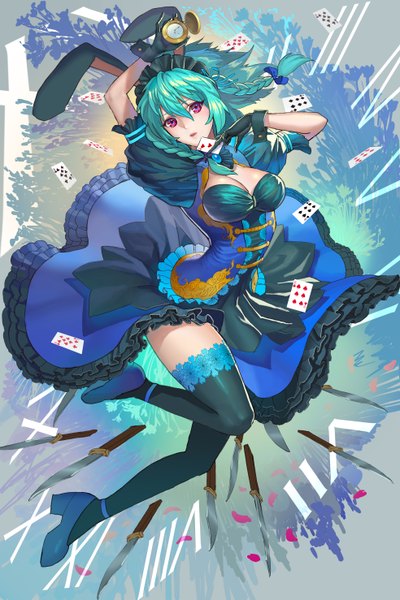 Anime picture 3936x5906 with touhou izayoi sakuya teffish single long hair tall image looking at viewer highres open mouth animal ears absurdres cleavage braid (braids) pink eyes aqua hair arms up bunny ears twin braids jumping girl