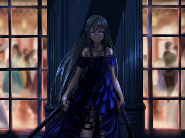 Anime picture 2400x1800 with original mikisai long hair looking at viewer fringe highres blue eyes black hair standing bare shoulders holding payot outdoors nail polish light smile off shoulder shadow depth of field glowing solo focus