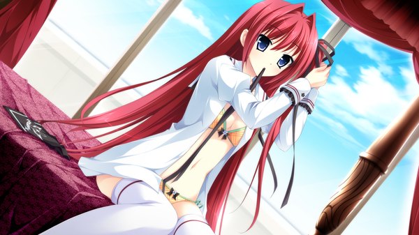 Anime picture 2560x1440 with otome ga tsumugu koi no canvas ootori rena kimishima ao single long hair looking at viewer blush highres breasts blue eyes light erotic wide image sitting game cg red hair open clothes open shirt one side up girl thighhighs