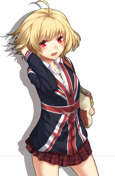 Anime picture 1469x2250 with original ginichi (toot08) single tall image blush short hair open mouth blonde hair red eyes ahoge shadow girl skirt miniskirt bag