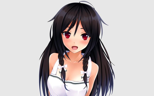 Anime picture 1920x1200 with original assassinwarrior mukadero single long hair looking at viewer blush highres open mouth black hair simple background red eyes bare shoulders cleavage braid (braids) grey background twin braids happy girl bow