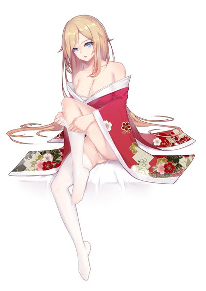 Anime picture 1240x1754 with original liu lan single long hair tall image looking at viewer breasts blue eyes light erotic simple background blonde hair large breasts white background bare shoulders cleavage full body traditional clothes japanese clothes pantyshot pantyshot sitting