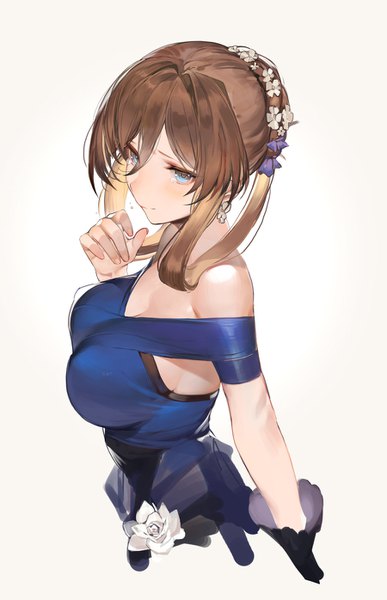 Anime picture 900x1396 with girls frontline m1903 springfield (girls frontline) liduke single long hair tall image looking at viewer blush fringe breasts blue eyes simple background hair between eyes brown hair payot cleavage upper body hair flower alternate costume tears