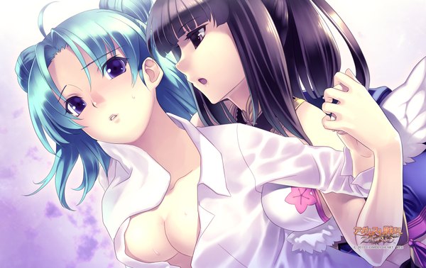 Anime picture 1900x1200 with agarest senki highres breasts open mouth light erotic black hair purple eyes multiple girls blue hair black eyes girl 2 girls wings