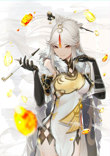 Anime picture 1447x2047 with genshin impact ningguang (genshin impact) marumoru single long hair tall image smile standing looking away silver hair traditional clothes orange eyes chinese clothes side slit girl gloves hair ornament black gloves elbow gloves chinese dress