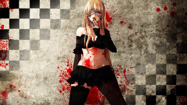 Anime picture 1360x768 with tagme (artist) single long hair looking at viewer light erotic red eyes wide image standing nail polish lips checkered background bandage over one eye girl gloves navel earrings miniskirt elbow gloves blood bandage (bandages)