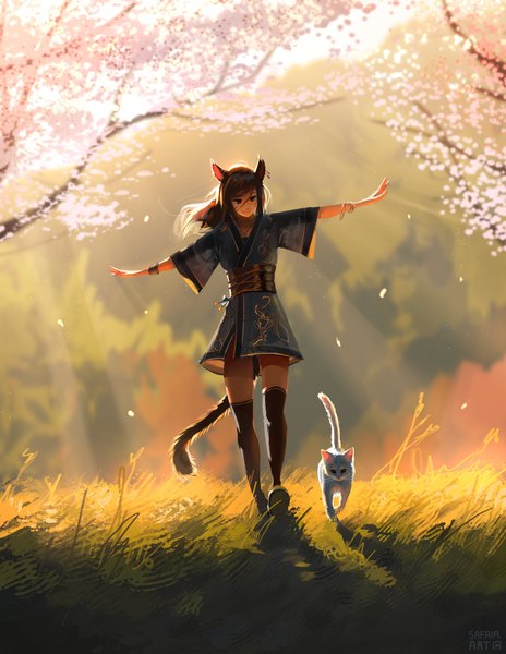Anime picture 2876x3718 with final fantasy final fantasy xiv square enix avatar (ff14) safaiaart single long hair tall image fringe highres hair between eyes brown hair standing signed animal ears looking away full body outdoors tail animal tail