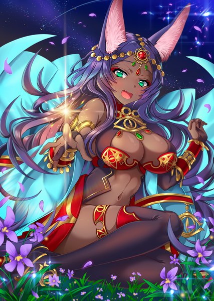 Anime picture 670x942 with fate (series) fate/grand order queen of sheba (fate) uchuu gorira single long hair tall image looking at viewer blush breasts open mouth light erotic smile large breasts sitting animal ears purple hair outdoors :d aqua eyes