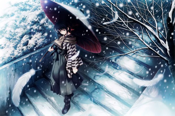 Anime picture 4000x2642 with cartagra kouzuki kazuna sugina miki single long hair highres blue eyes black hair looking away absurdres full body traditional clothes japanese clothes pleated skirt scan wide sleeves official art snowing winter snow