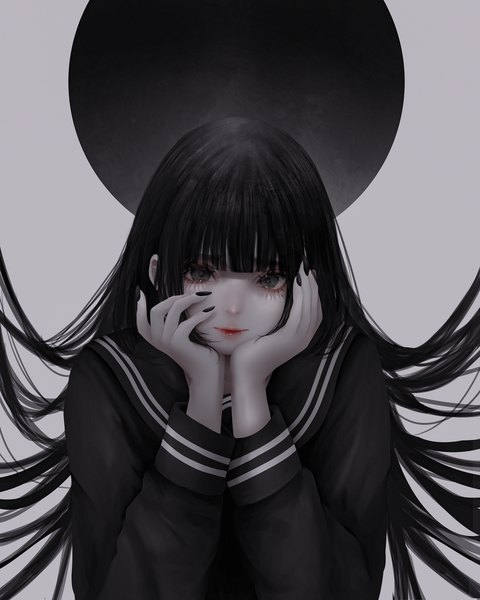 Anime picture 2400x3000 with original kyrie meii single long hair tall image looking at viewer fringe highres black hair simple background upper body blunt bangs long sleeves nail polish fingernails lips black eyes realistic grey background mole
