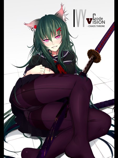 Anime picture 900x1200 with original illusionk single long hair tall image looking at viewer blush light erotic animal ears ass pink eyes green hair cat ears reclining girl skirt uniform underwear panties weapon