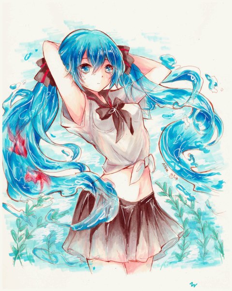 Anime picture 2320x2900 with vocaloid hatsune miku bottle miku alitia single long hair tall image fringe highres breasts blue eyes blue hair looking away traditional clothes pleated skirt arms up bare belly armpit (armpits) midriff traditional media