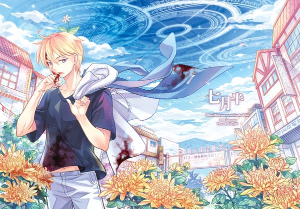 Anime picture 1600x1118 with original jia (natsukijia) short hair blue eyes blonde hair standing sky cloud (clouds) wind city magic cityscape mountain space boy navel flower (flowers) plant (plants) building (buildings) blood