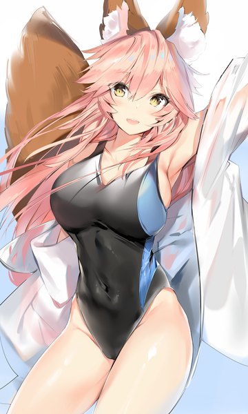 Anime-Bild 1500x2500 mit fate (series) fate/extra tamamo (fate) (all) tamamo no mae (fate) silver (chenwen) single long hair tall image looking at viewer blush fringe breasts open mouth light erotic simple background smile hair between eyes standing white background animal ears