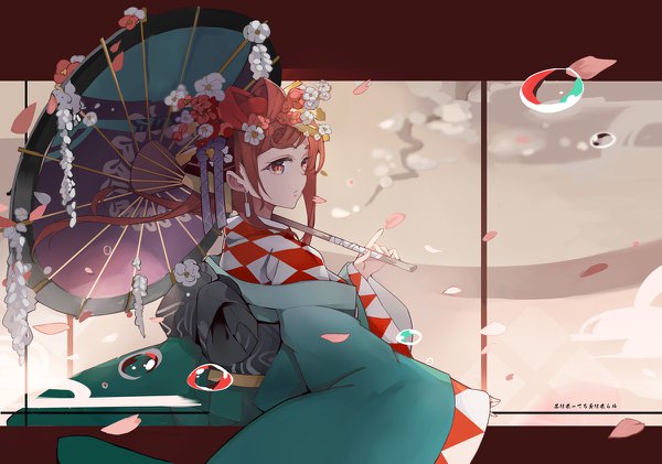 Anime picture 1200x842 with zombie land saga mappa yuugiri (zombie land saga) mitu yang single long hair looking at viewer fringe red eyes brown hair holding traditional clothes japanese clothes looking back hair flower from behind off shoulder wide sleeves floating hair sleeves past wrists