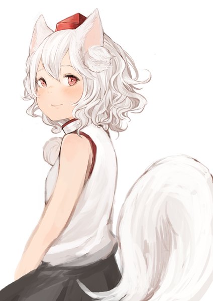 Anime picture 2480x3508 with touhou inubashiri momiji ikoan single tall image looking at viewer blush fringe highres short hair simple background hair between eyes red eyes white background sitting bare shoulders animal ears white hair tail animal tail