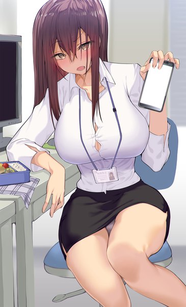 Anime picture 1203x1978 with original satou daiji single long hair tall image looking at viewer blush fringe breasts open mouth light erotic hair between eyes brown hair large breasts holding brown eyes bent knee (knees) long sleeves fingernails arm support