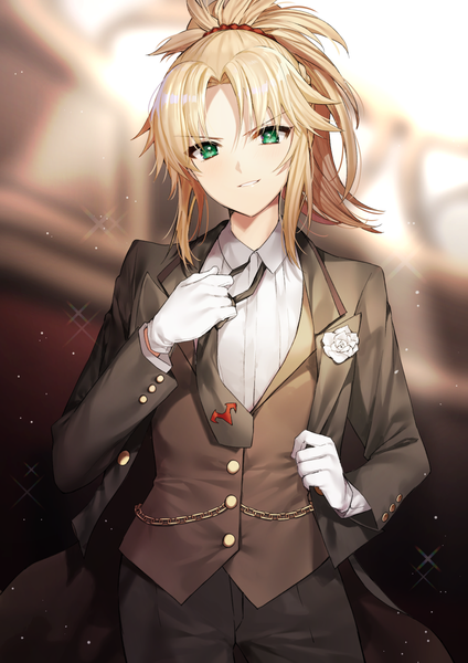 Anime picture 992x1403 with fate (series) fate/grand order mordred (fate) gambe single tall image looking at viewer blush fringe short hair blonde hair smile standing green eyes payot upper body ponytail parted lips head tilt blurry