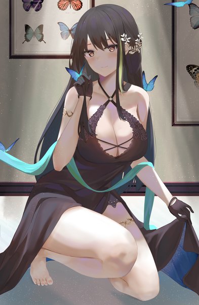 Anime picture 3800x5800 with girls frontline m4a1 (girls frontline) ru zhai single long hair tall image looking at viewer blush fringe highres breasts light erotic black hair hair between eyes large breasts bare shoulders yellow eyes payot absurdres cleavage