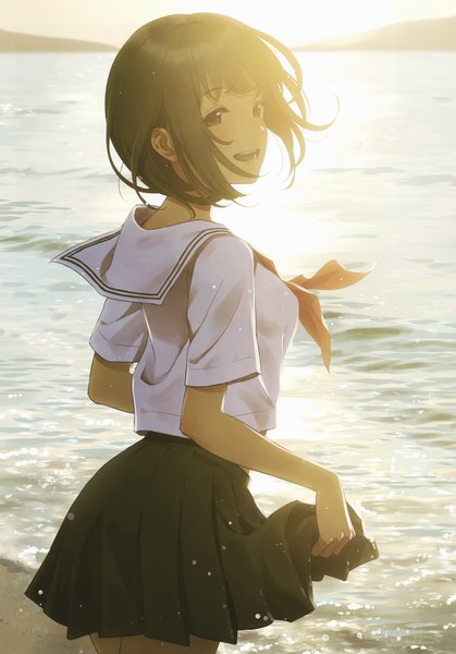 Anime picture 2068x2961 with original morikura en single tall image looking at viewer blush highres short hair breasts open mouth smile brown hair standing brown eyes outdoors :d pleated skirt looking back wind sunlight