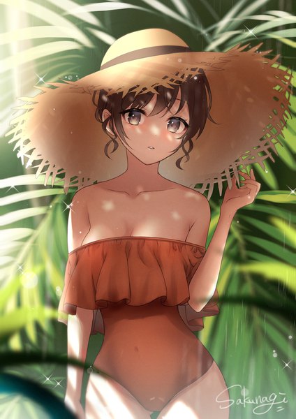 Anime picture 1447x2047 with original sakunagita single tall image looking at viewer fringe short hair breasts brown hair large breasts standing brown eyes signed cleavage parted lips off shoulder sparkle girl swimsuit plant (plants)