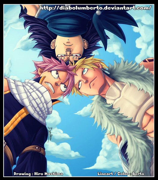 Anime picture 1024x1162 with fairy tail natsu dragneel gajeel redfox sting eucliffe diabolumberto long hair tall image short hair blue eyes blonde hair red eyes purple eyes signed pink hair sky purple hair cloud (clouds) multiple boys from below grin