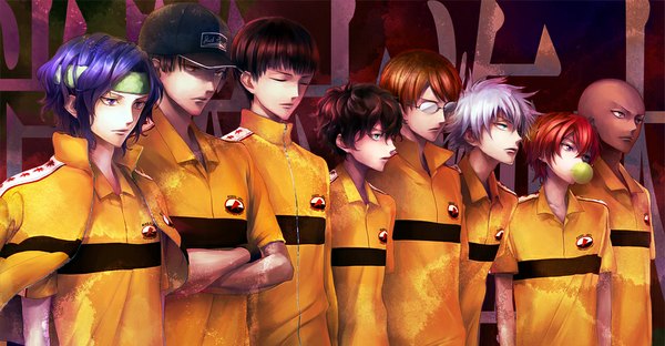 Anime picture 1000x520 with prince of tennis yukimura seiichi niou masaharu marui bunta yagyuu hiroshi kirihara akaya sanada genichiroh yanagi renji kuwahara jackal joka (night gate) short hair blue eyes red eyes brown hair wide image brown eyes blue hair silver hair red hair eyes closed