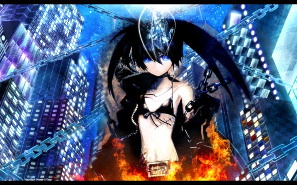 Anime picture 2560x1600 with black rock shooter black rock shooter (character) highres blue eyes black hair wide image twintails city glowing glowing eye (eyes) pale skin girl building (buildings) chain bikini top fire