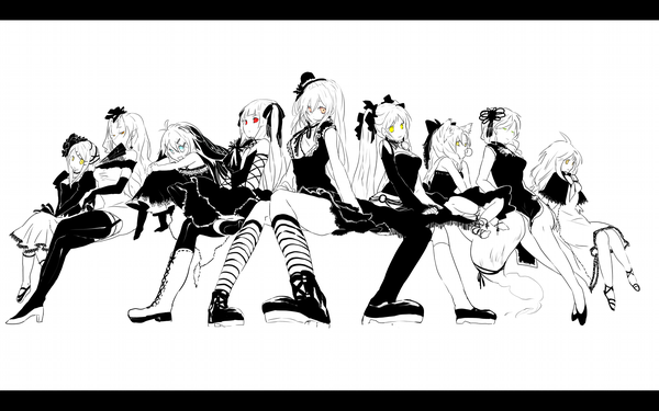 Anime picture 1920x1200 with original kaninnvven long hair highres red eyes wide image monochrome thighhighs dress