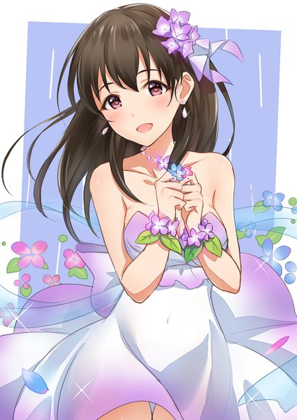 Anime picture 1254x1771 with idolmaster idolmaster cinderella girls fujiwara hajime takeashiro single long hair tall image looking at viewer blush fringe open mouth black hair simple background hair between eyes standing bare shoulders holding cleavage ahoge head tilt