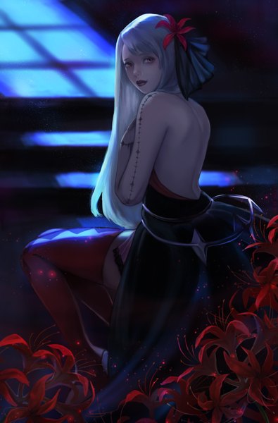 Anime picture 2700x4100 with king's raid jane (king's raid) moon (artist) single long hair tall image looking at viewer fringe highres red eyes sitting bare shoulders white hair looking back from behind blurry lipstick back light bare back