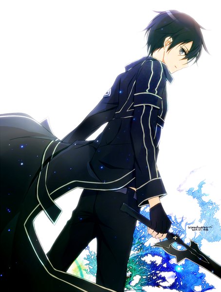 Anime picture 800x1057 with sword art online a-1 pictures kirigaya kazuto tsukimori usako single tall image looking at viewer fringe short hair black hair hair between eyes standing white background holding signed looking back from behind black eyes sparkle dated