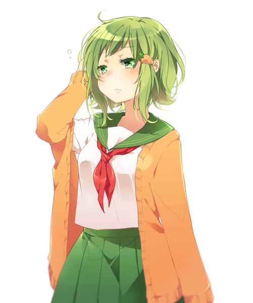 Anime picture 1000x1200 with vocaloid gumi asagao minoru single tall image blush short hair simple background white background green eyes looking away ahoge long sleeves pleated skirt green hair alternate costume hand on head messy hair wavy mouth girl