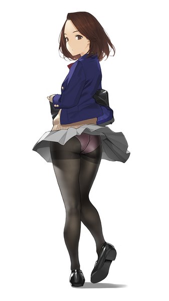 Anime picture 675x1200 with miru tights moegi homi yomu (sgt epper) single tall image looking at viewer short hair light erotic simple background brown hair standing white background brown eyes full body pleated skirt looking back wind from behind legs skirt flip