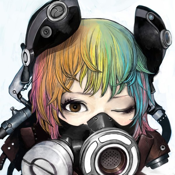 Anime picture 2866x2866 with original zashiki warashi (artist) single looking at viewer fringe highres simple background white background brown eyes one eye closed multicolored hair wink close-up face girl respirator
