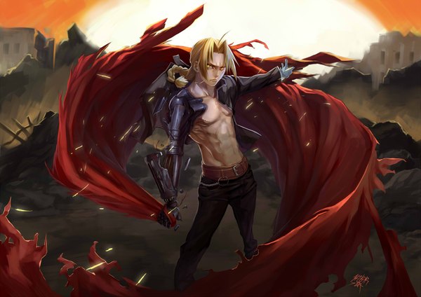 Anime picture 2000x1414 with fullmetal alchemist studio bones edward elric kikira single long hair highres blonde hair signed yellow eyes torn clothes magic single braid evening sunset muscle ruins boy belt single glove