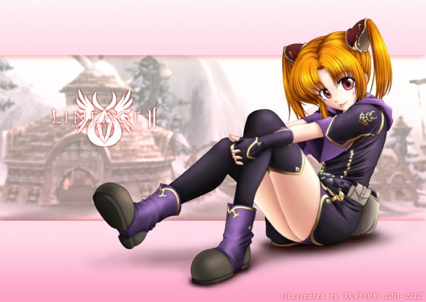 Anime picture 1000x710 with lineage (game) akatsuki matsumoto single looking at viewer short hair blonde hair twintails pink eyes girl thighhighs gloves black thighhighs boots tongue bag