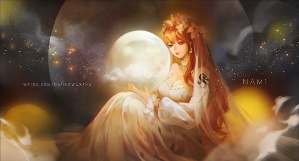 Anime picture 1819x980 with one piece toei animation nami (one piece) dywx poison single long hair looking at viewer fringe highres breasts hair between eyes wide image sitting holding signed cleavage orange hair orange eyes tattoo character names