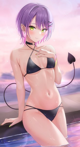 Anime picture 2152x3938 with virtual youtuber hololive tokoyami towa shinigami kiraki single tall image blush fringe highres short hair light erotic hair between eyes green eyes purple hair tail pointy ears arm support wet partially submerged piercing