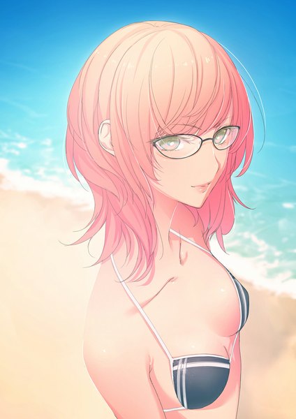 Anime picture 778x1100 with original f-cla single long hair tall image light erotic pink eyes beach girl swimsuit bikini glasses sea