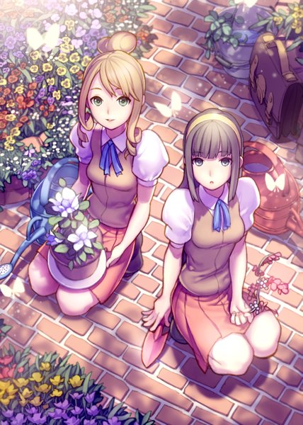 Anime picture 1283x1800 with original kurumayama tall image looking at viewer breasts blonde hair brown hair multiple girls green eyes light smile shadow grey eyes glowing drill hair light looking up girl skirt uniform flower (flowers)