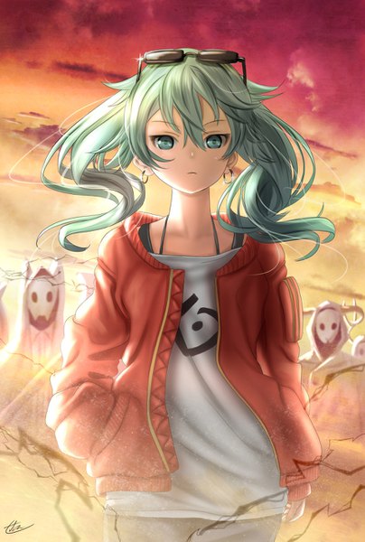 Anime picture 874x1295 with vocaloid suna no wakusei (vocaloid) hatsune miku kein long hair tall image looking at viewer fringe hair between eyes twintails signed outdoors aqua eyes aqua hair evening sunset wavy hair hand in pocket sunglasses on head dust